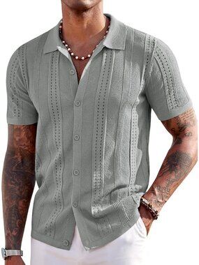 Men's Light Grey Knit Short Sleeve Button Down Polo Casual Summer Beach Shirt
